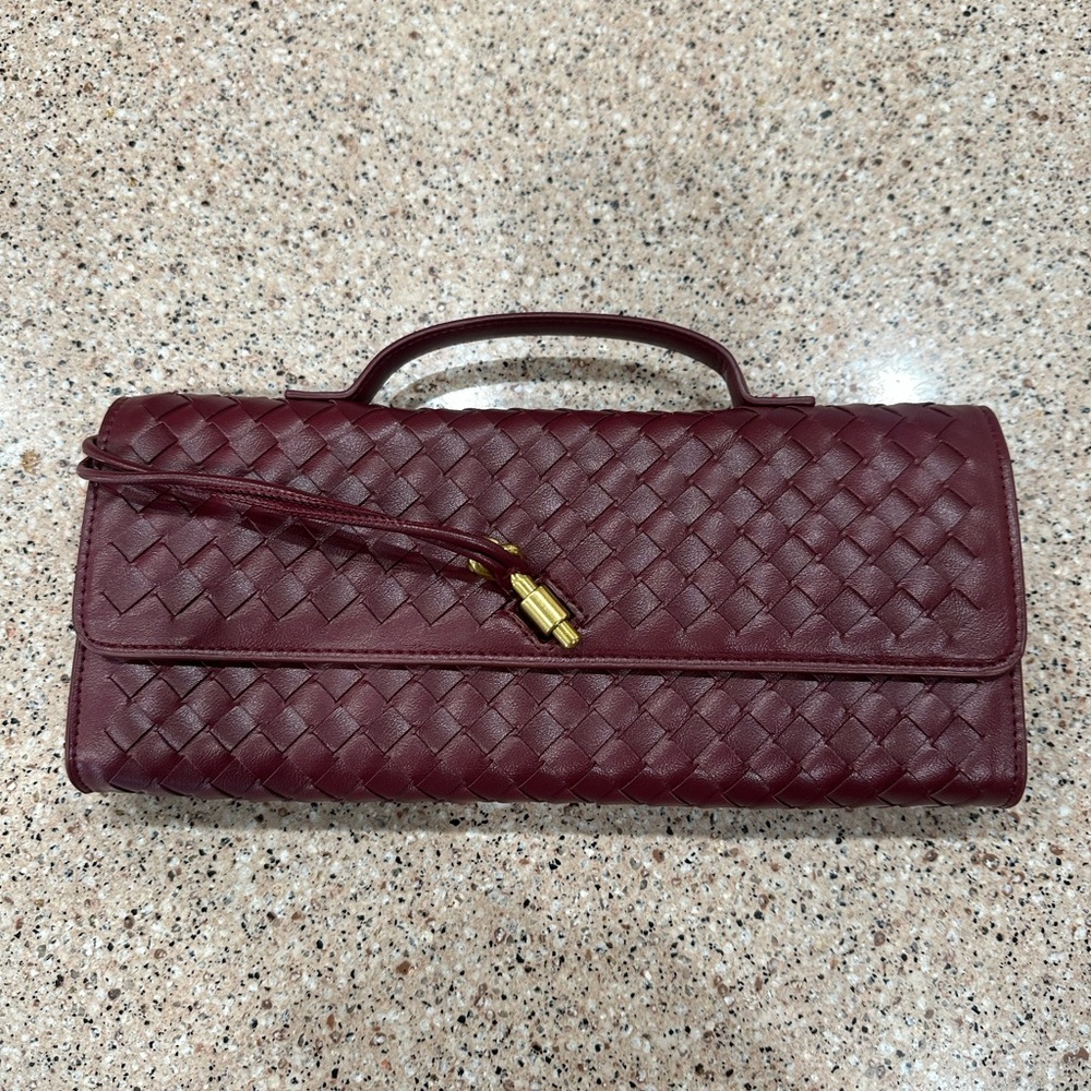 Burgundy Woven Clutch with Removable Shoulder Strap